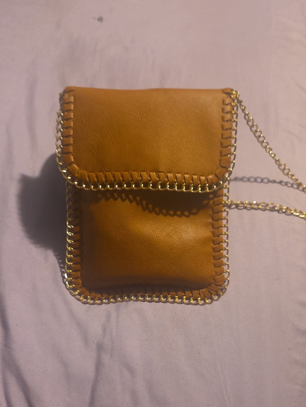 Whipstitch Tan Crossbody Pouch with Gold Chain